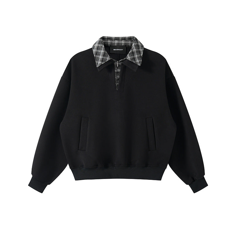Unisex Lagenlook-Sweatshirt mit eingenähtem Karokragen und seitlichen Einschubtaschen Drune