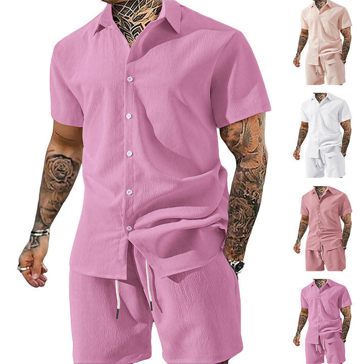 Herren nan Crinkle-Lounge-Set mit offenem Revershemd, integriertem Kurzarm-T-Shirt und Kordel-Bermuda Drune