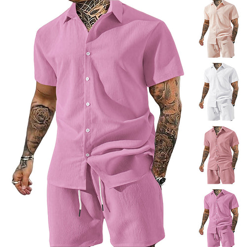 Herren nan Crinkle-Lounge-Set mit offenem Revershemd, integriertem Kurzarm-T-Shirt und Kordel-Bermuda Drune