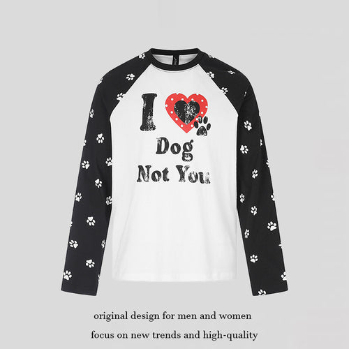 Damen Casual-Langarmshirt im Raglanstil mit Hunde-Pfotenmuster und Statement-Frontprint Drune