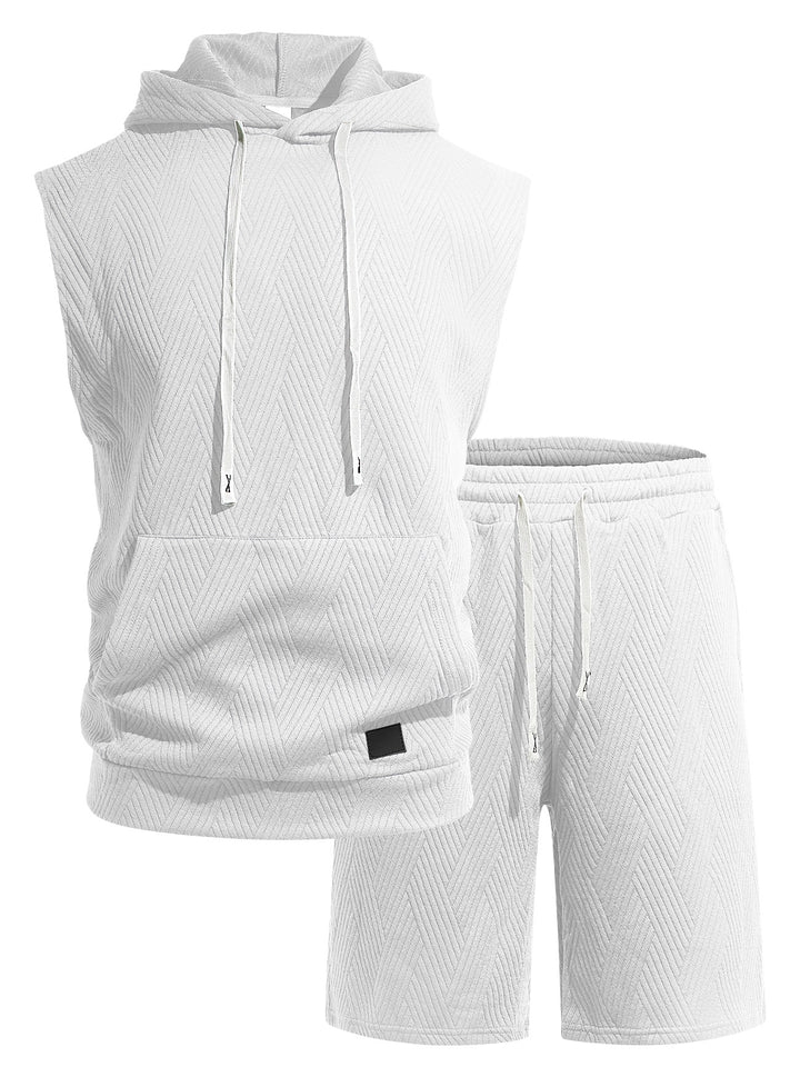 Herren nan ärmelloses Kapuzen-Lounge-Set aus strukturierter Baumwollmischung mit Kängurutasche und elastischer Freizeithose Drune