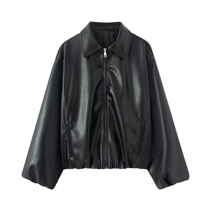 Damen nan kastiger Oversized Kunstlederblouson mit Hemdkragen, verdecktem Reißverschluss, verdeckten Leisten- taschen und elastischem Saum Drune