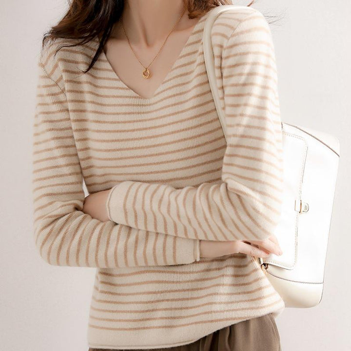 Damen Zarter Streifen-V‑Ausschnittpullover aus feinem Rippstrick mit weichem Fall Drune