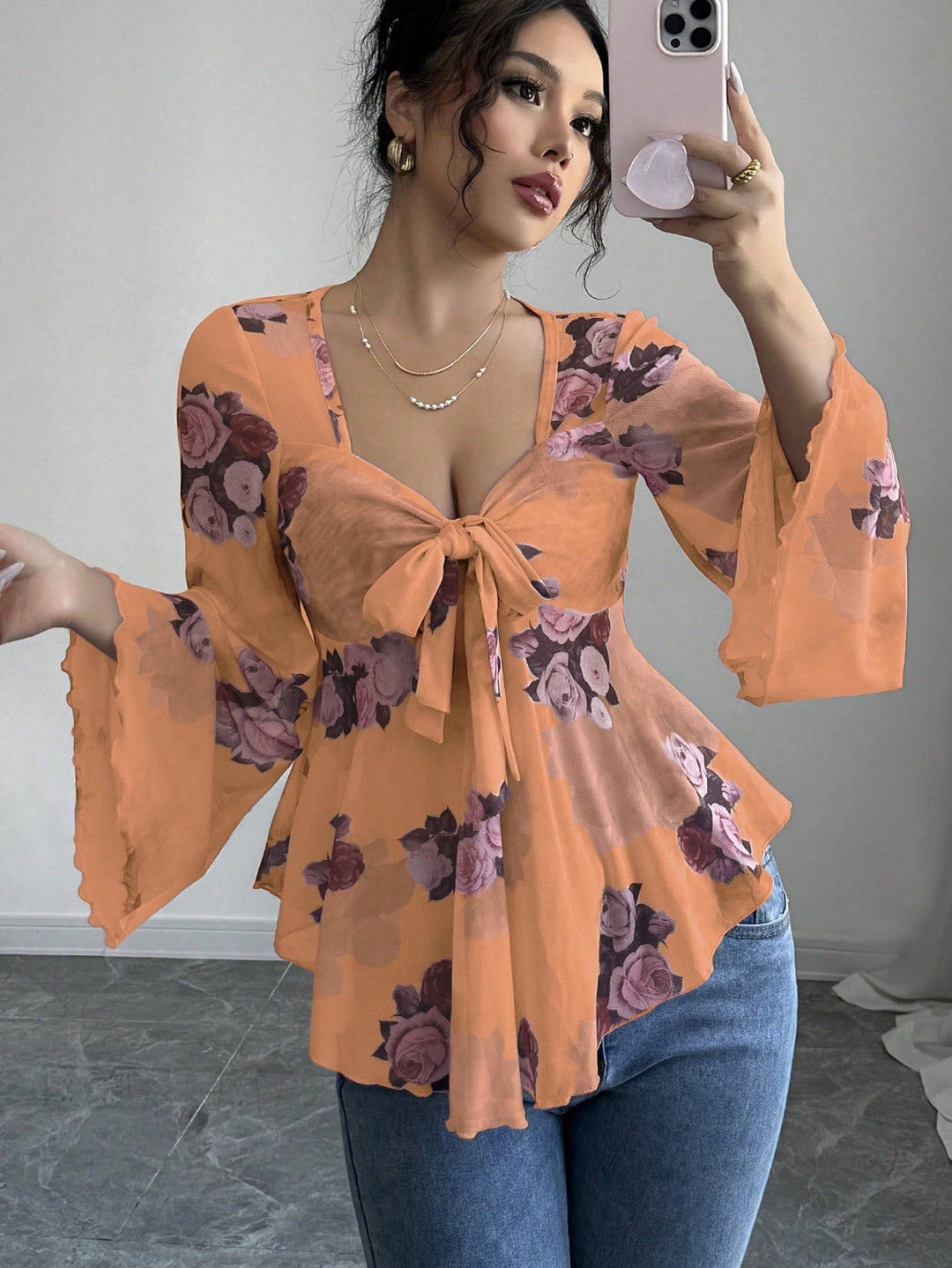 Damen luftige Bluse mit Blumenmuster Drune