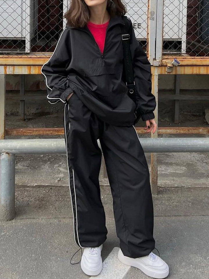 Damen Zweiteiliges Sportliches Jogging-Set mit halbem Reißverschluss, Paspelierung und elastischer Bundhose Drune