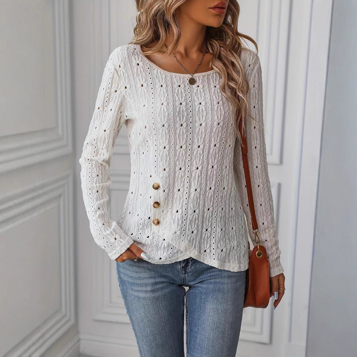 Damen Langarmshirt mit raffiniertem Häkelmuster und Knopfdetails Drune