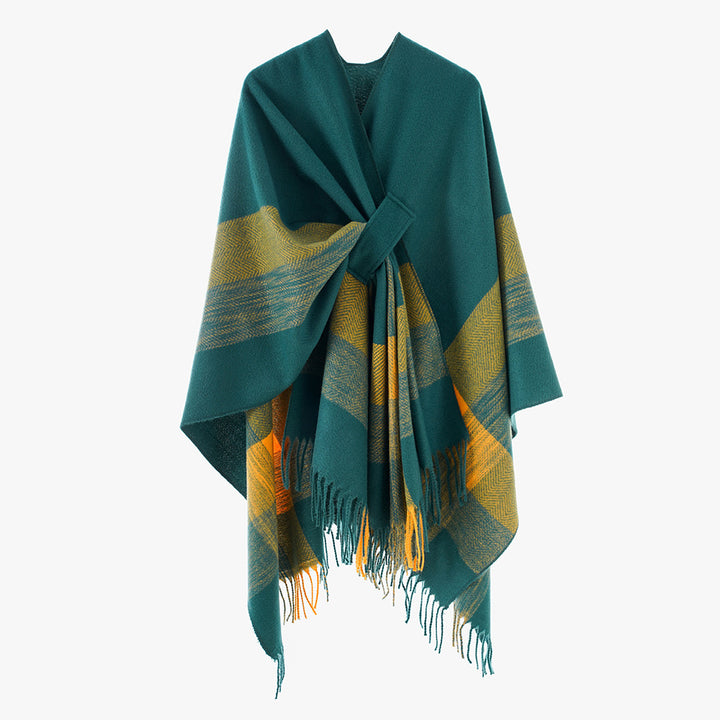 Damen Cape‑Poncho aus Wollmix mit Schlitzgürtel, geometrischem Jacquard und Fransensaum Drune