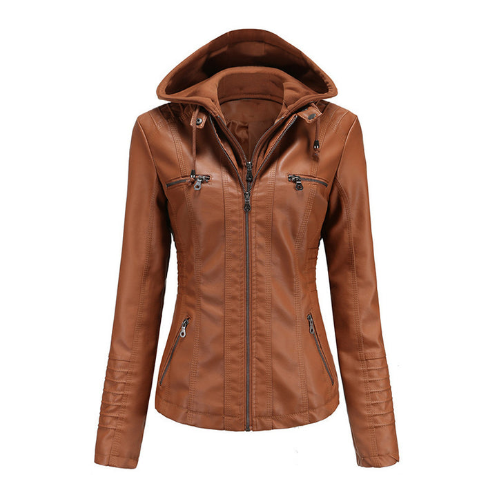 Damen Taillierte Kunstlederjacke mit abnehmbarer Kapuze und Reißverschluss Drune
