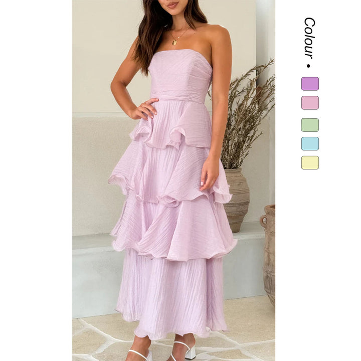 Damen Maxi-Rüschenkleid mit trägerlosem Design und fließendem Rock Drune
