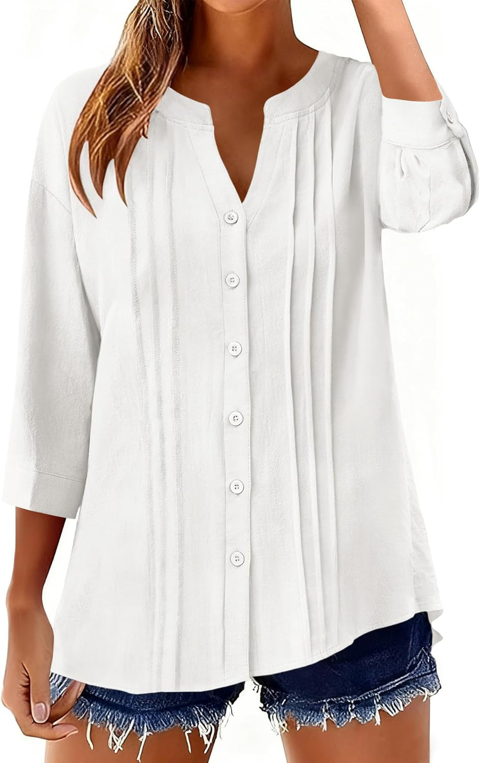 Damen Lockeres Tunikashirt mit Kellerfalten und dreiviertel Ärmeln Drune