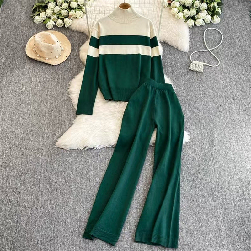 Damen modisches Strick-Loungewear-Set mit hohem Kragen und breiten Streifen Drune