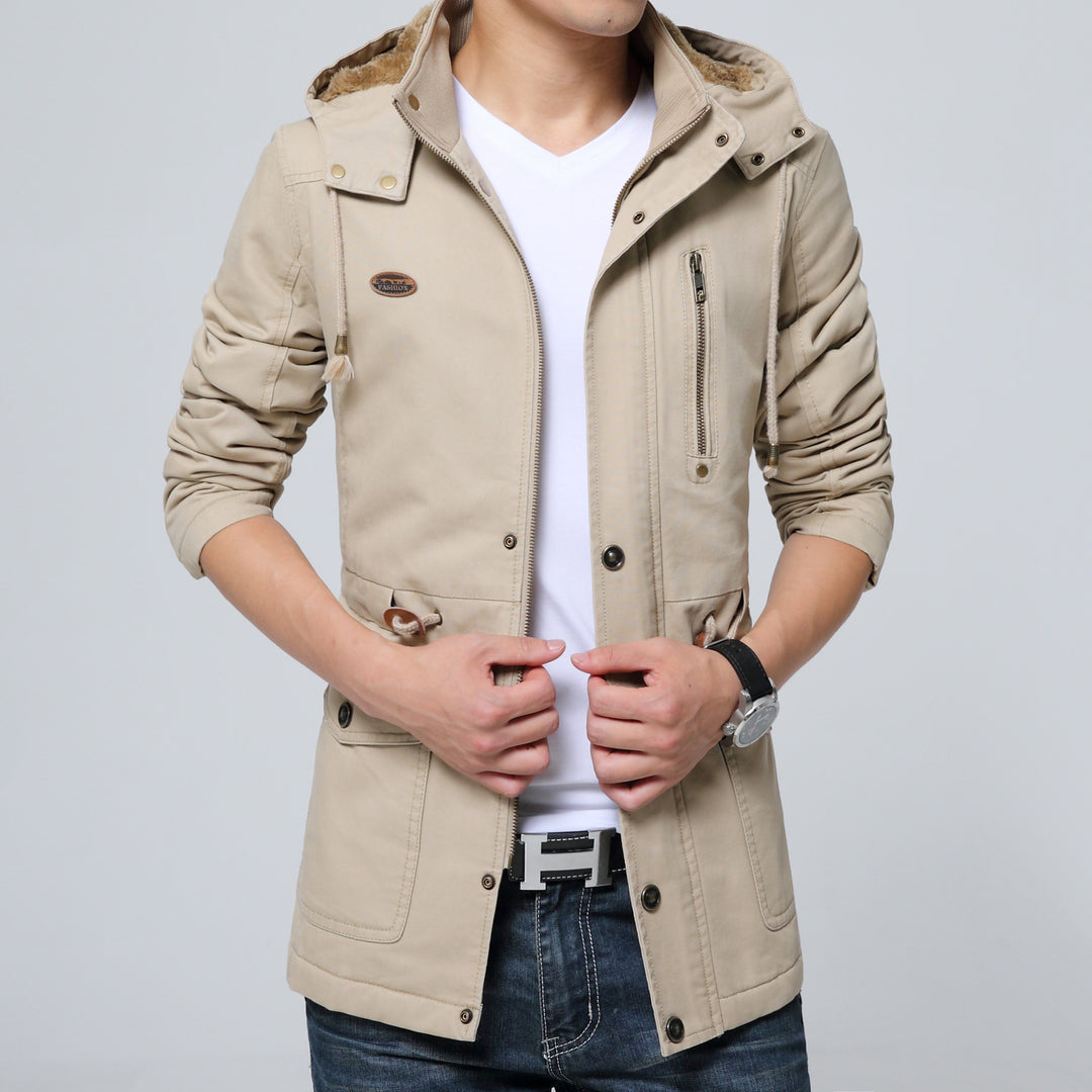 Herren leichter Utility-Parka mit Kapuze, Teddyfutter im Kragen und vertikaler Reißverschlusstasche Drune