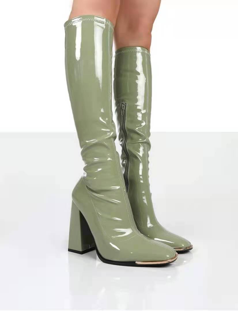 Damen Kniehohe Lackstiefel mit Blockabsatz, quadratischer Spitze und Metallkappenschutz Drune