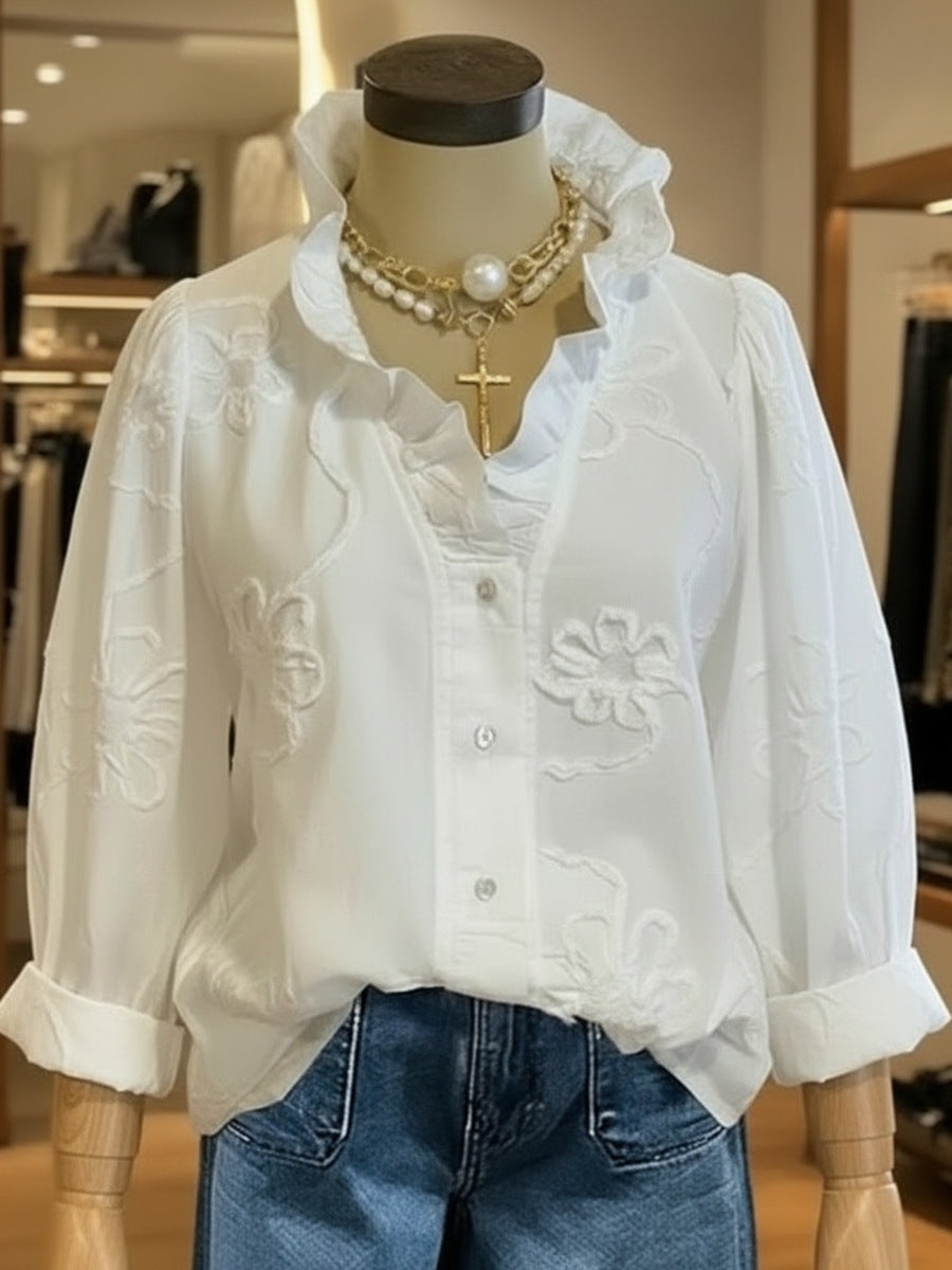 Damen elegante Bluse mit floralen Stickereien und voluminösen Ärmeln Drune