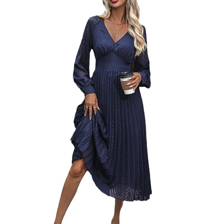 Damen Plissee Midi-Kleid mit V-Ausschnitt und langen Ärmeln Drune