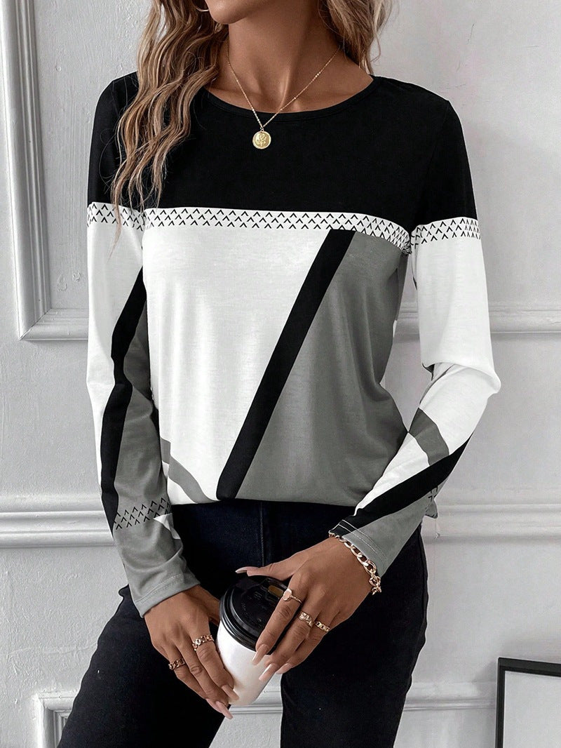 Damen Langarmshirt mit geometrischem Blockprint und Rundhalsausschnitt Drune