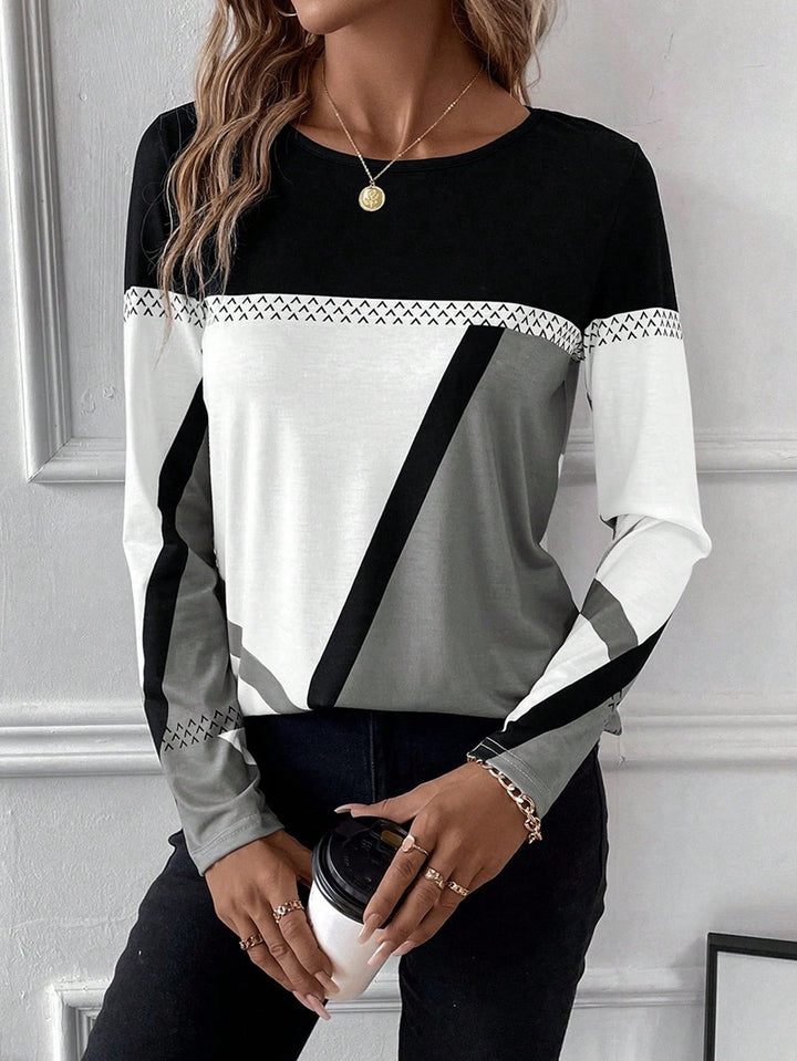 Damen Langarmshirt mit geometrischem Blockprint und Rundhalsausschnitt Drune