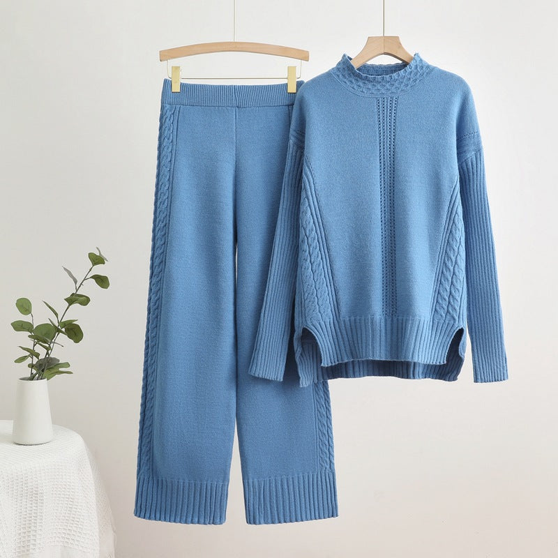 Damen komfortables Strick-Loungewear-Set mit hohen Bündchen und dekorativen Zopfmustern Drune