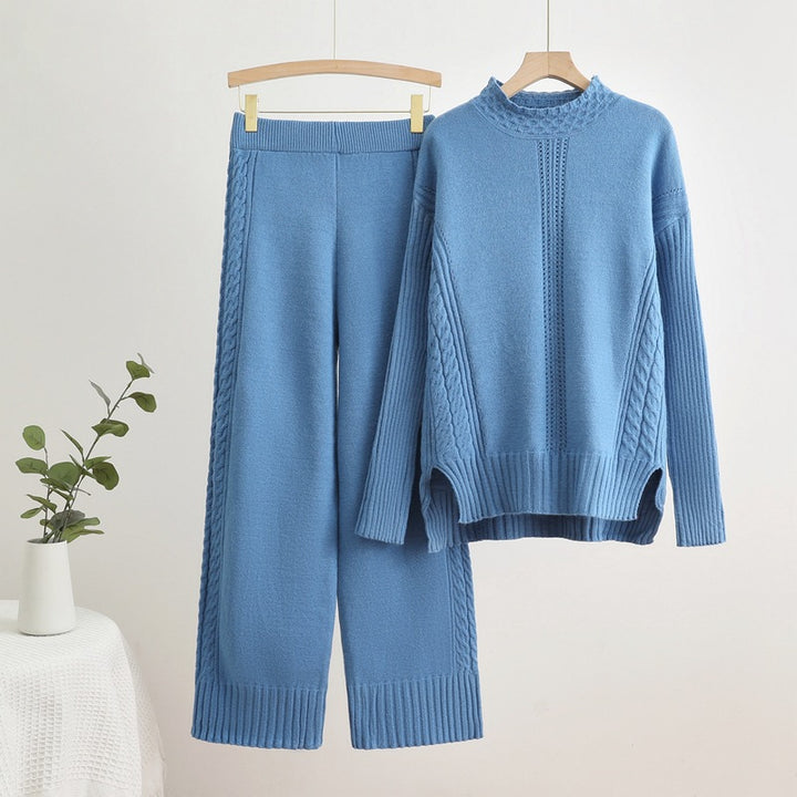 Damen komfortables Strick-Loungewear-Set mit hohen Bündchen und dekorativen Zopfmustern Drune