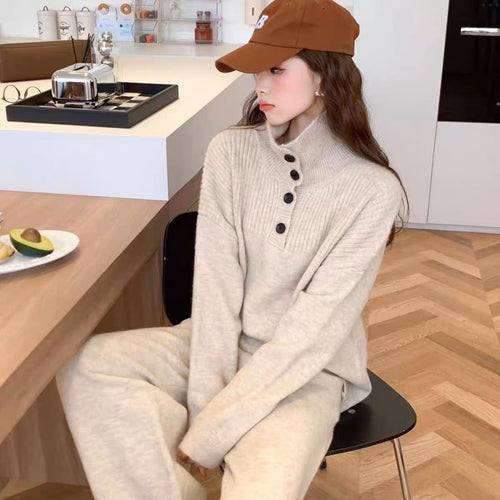 Damen Strickanzug mit dekorativen Knopfdetails und weitem Schnitt Drune