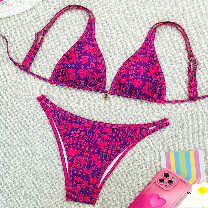 Damen Triangel-Bikini mit floralem Muster und elegantem Schmuckdetail Drune