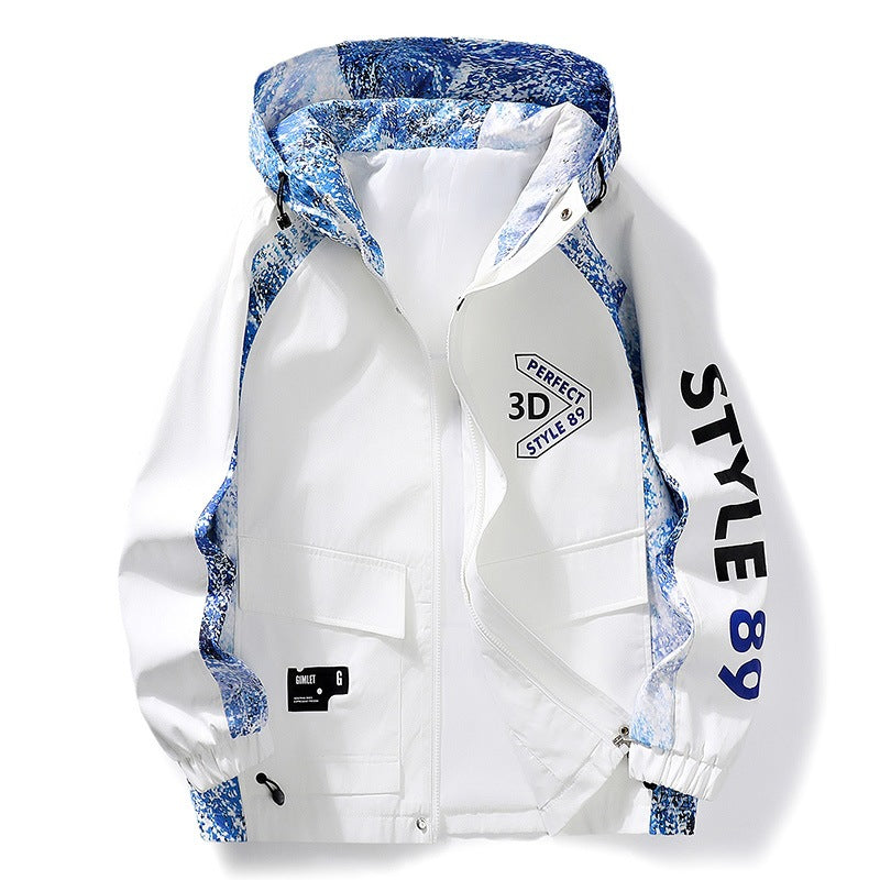 Herren Leichter Kapuzen-Windbreaker mit Camouflage-Akzenten & Grafikprint Drune