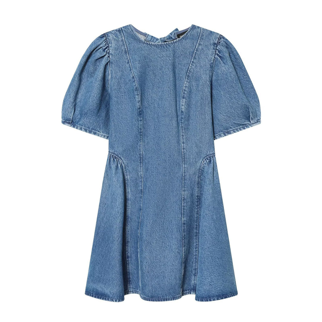 Damen Denim-Kleid mit Puffärmeln, Teilungsnähten und ausgestellter A-Linie Drune
