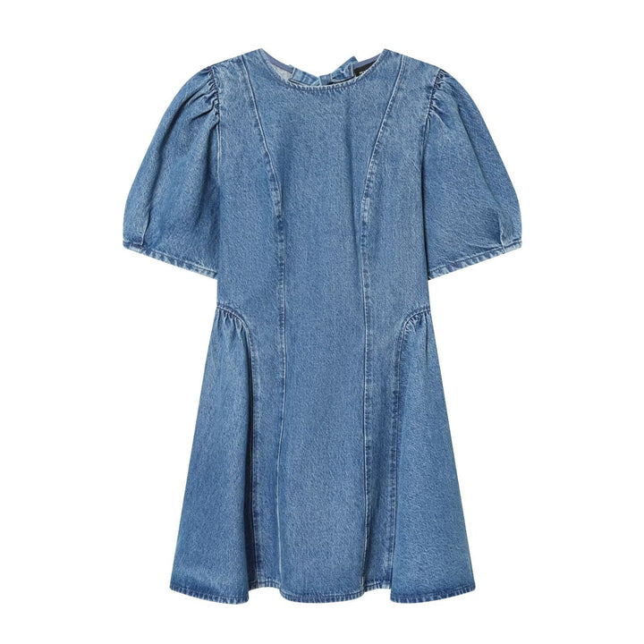 Damen Denim-Kleid mit Puffärmeln, Teilungsnähten und ausgestellter A-Linie Drune