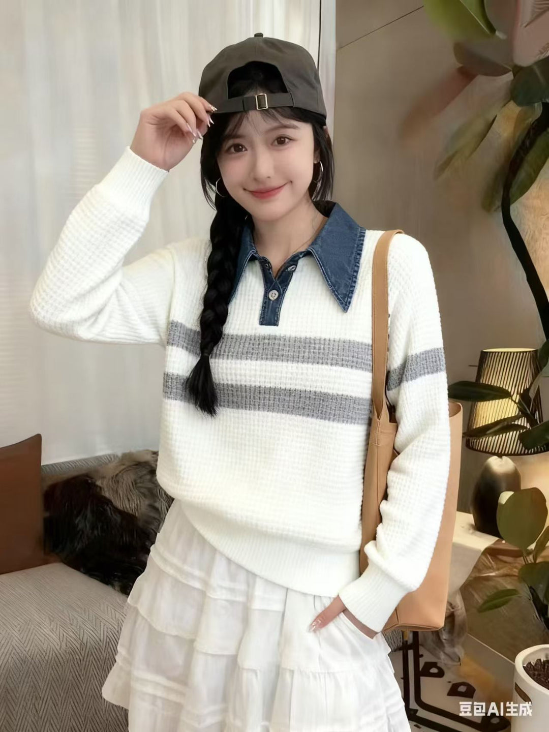 Damen lässiger Strickpullover mit Kragen und gestreiftem Design Drune