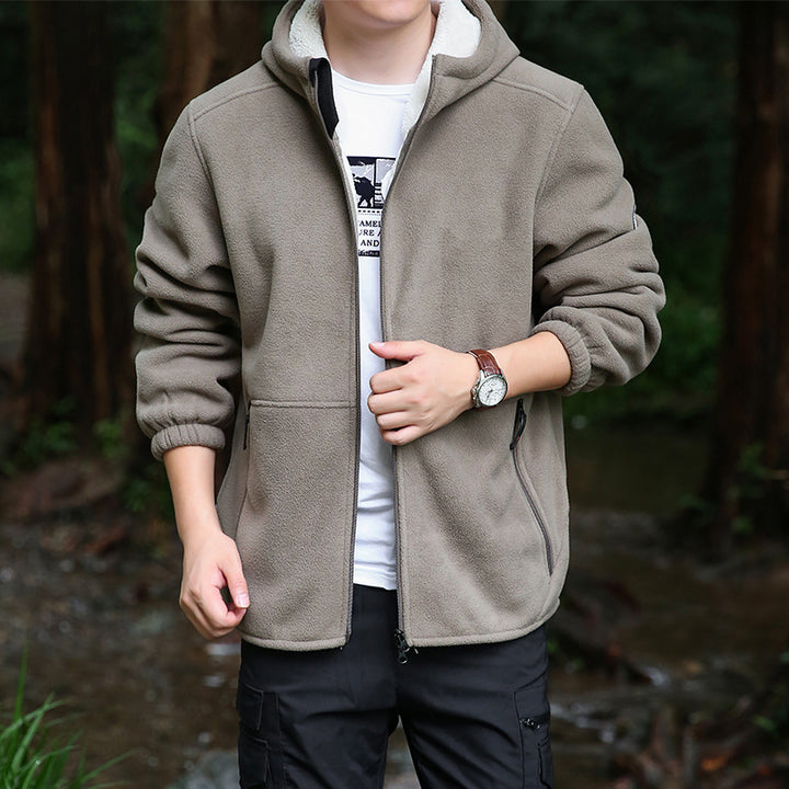 Herren Kapuzen-Fleecejacke mit Sherpa-Innenfutter, Zwei-Wege-Reißverschluss und windabweisender Front Drune
