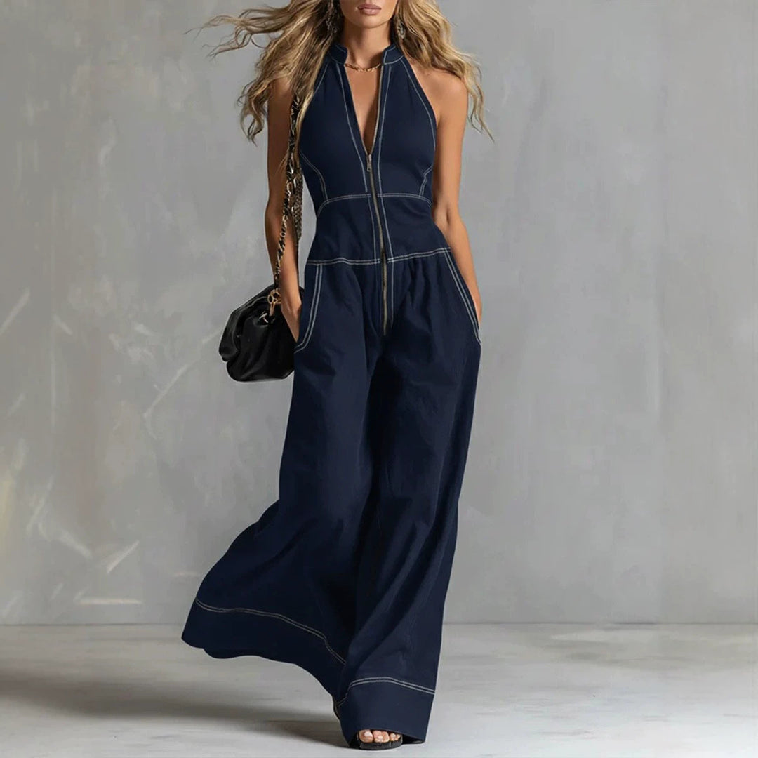 Damen Ärmelloser Halter-Jumpsuit mit Reißverschluss, weitem Bein und Eingrifftaschen Drune