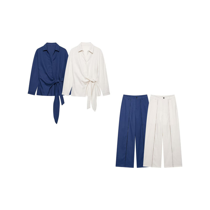 Damen Zweiteiliges Ensemble aus Wickelbluse mit Taillenschleife und weit geschnittener Leinenhose mit Zierstreifen Drune