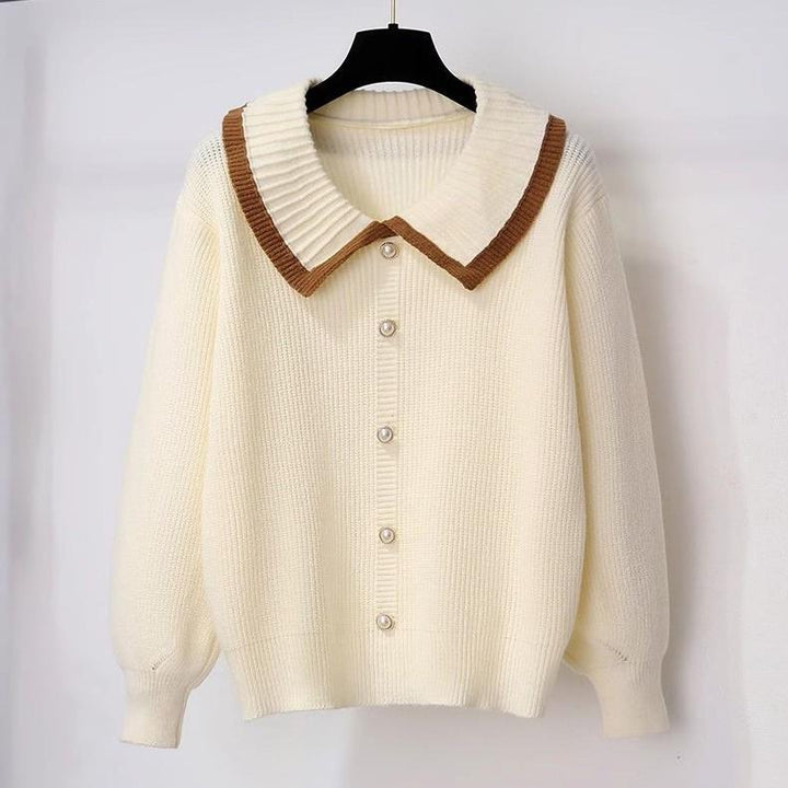 Damen Strickjacke mit Kontrastkragen und dekorativen Perlenknöpfen Drune