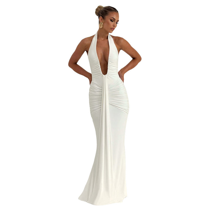 Damen Elegantes Maxi-Kleid mit tiefem V-Ausschnitt und Rüschendetails Drune