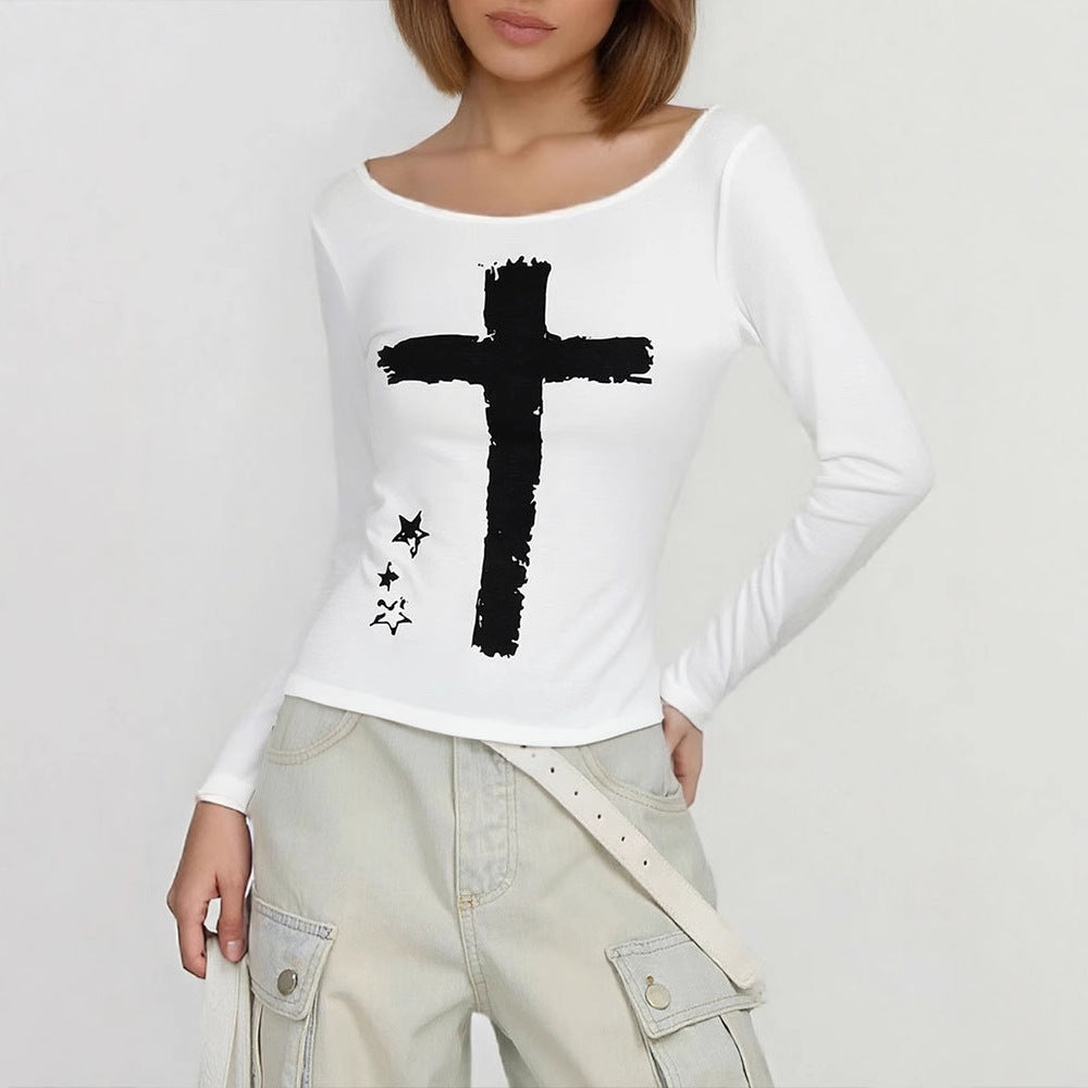Damen Langarm-T-Shirt mit kreativem Motiv und Rundhalsausschnitt Drune
