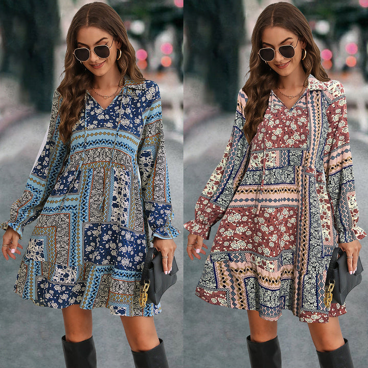 Damen Boho-Minikleid mit langen Ärmeln und buntem Muster Drune