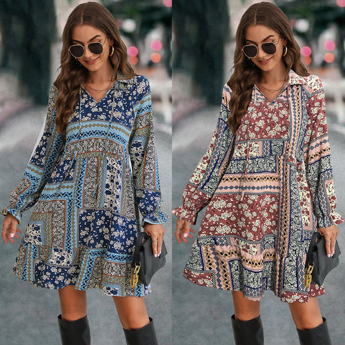 Damen Boho-Minikleid mit langen Ärmeln und buntem Muster Drune