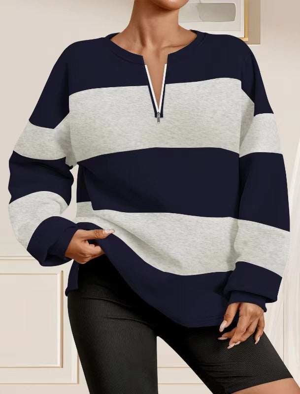 Damen modischer Sweatpullover mit Reißverschluss und gestreiftem Design Drune