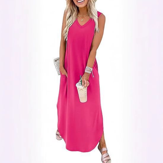Damen Maxi-Kleid mit modernem V-Ausschnitt und praktischem Taschendesign Drune