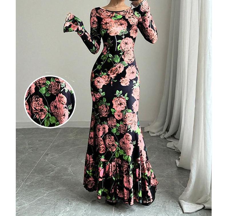 Damen nan eng anliegendes Maxikleid mit Meerjungfrauen-Schnitt, langen Glockenärmeln und Rüschensaum Drune