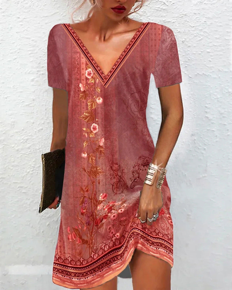 Frauen Floral V-Ausschnitt Tunika Kleid mit Border Print und langen Ärmeln Drune