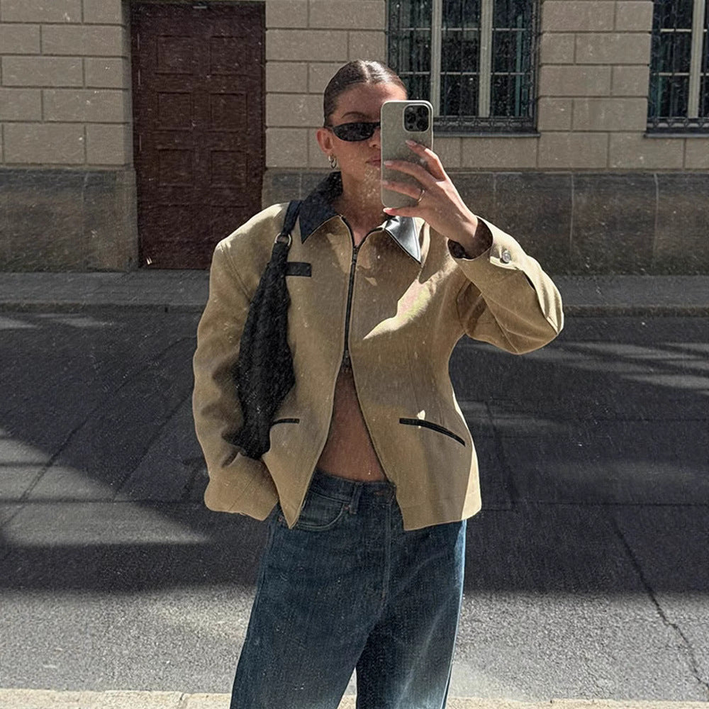 Damen lässige Übergangsjacke mit kontrastierendem Kragen und praktischen Taschen Drune