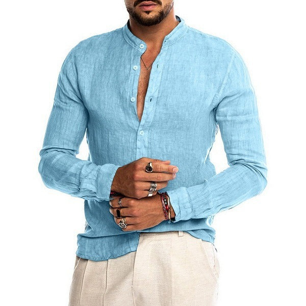 Herren nan Leinenhemd mit Stehkragen, durchgehender Knopfleiste und legerer Slim-Fit-Passform Drune