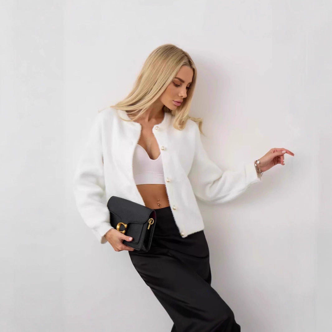 Damen Flauschiger Strick cardigan mit Perlenknöpfen Drune