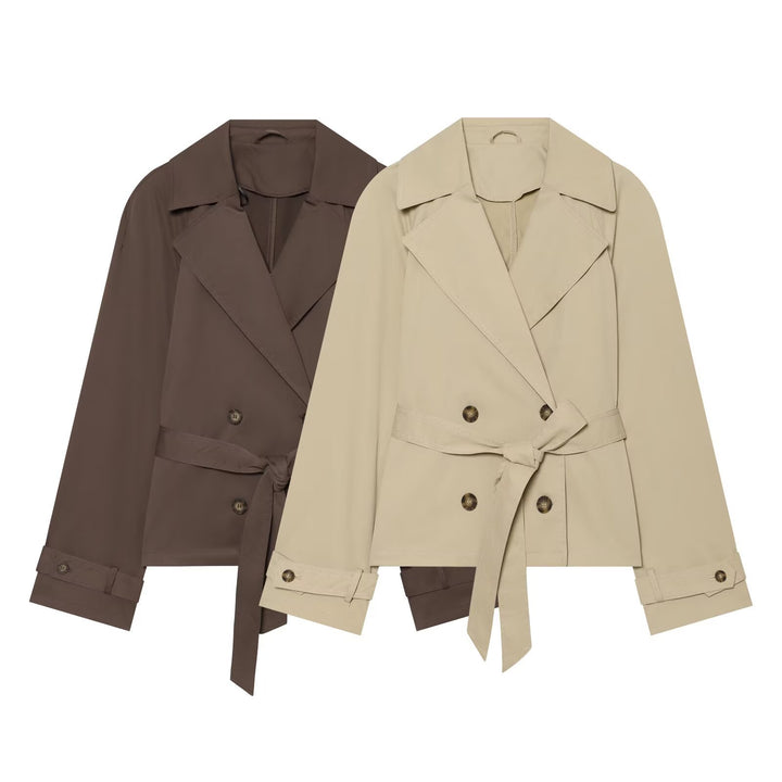 Damen Cropped Trenchjacke im Boxy‑Schnitt mit breitem Revers und Bindegürtel Drune