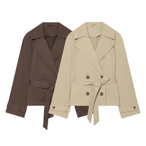 Damen Cropped Trenchjacke im Boxy‑Schnitt mit breitem Revers und Bindegürtel Drune