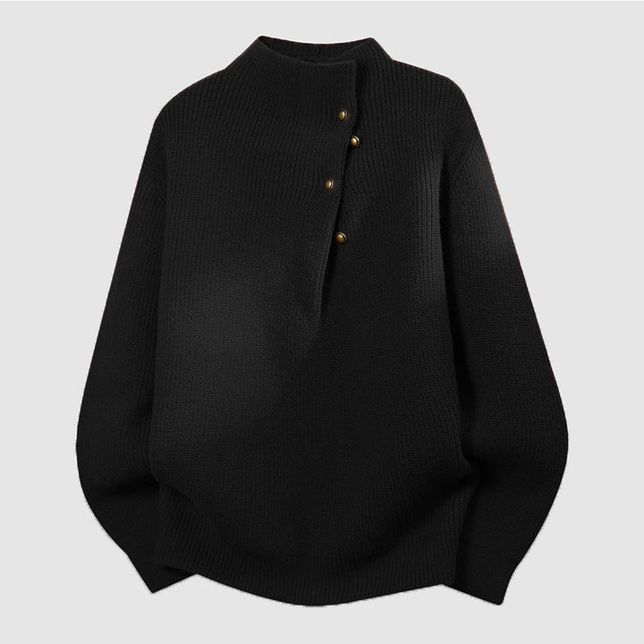 Damen Oversized Feinstrick-Pullover mit asymmetrischer Knopfleiste und Stehkragen Drune