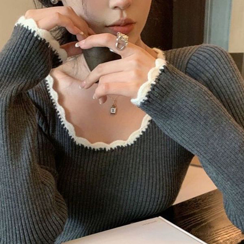 Damen Pulli mit dekorativem Wellenabschluss und feinem Rippstrick Drune