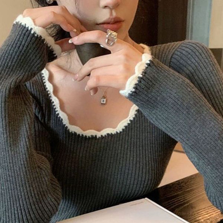Damen Pulli mit dekorativem Wellenabschluss und feinem Rippstrick Drune