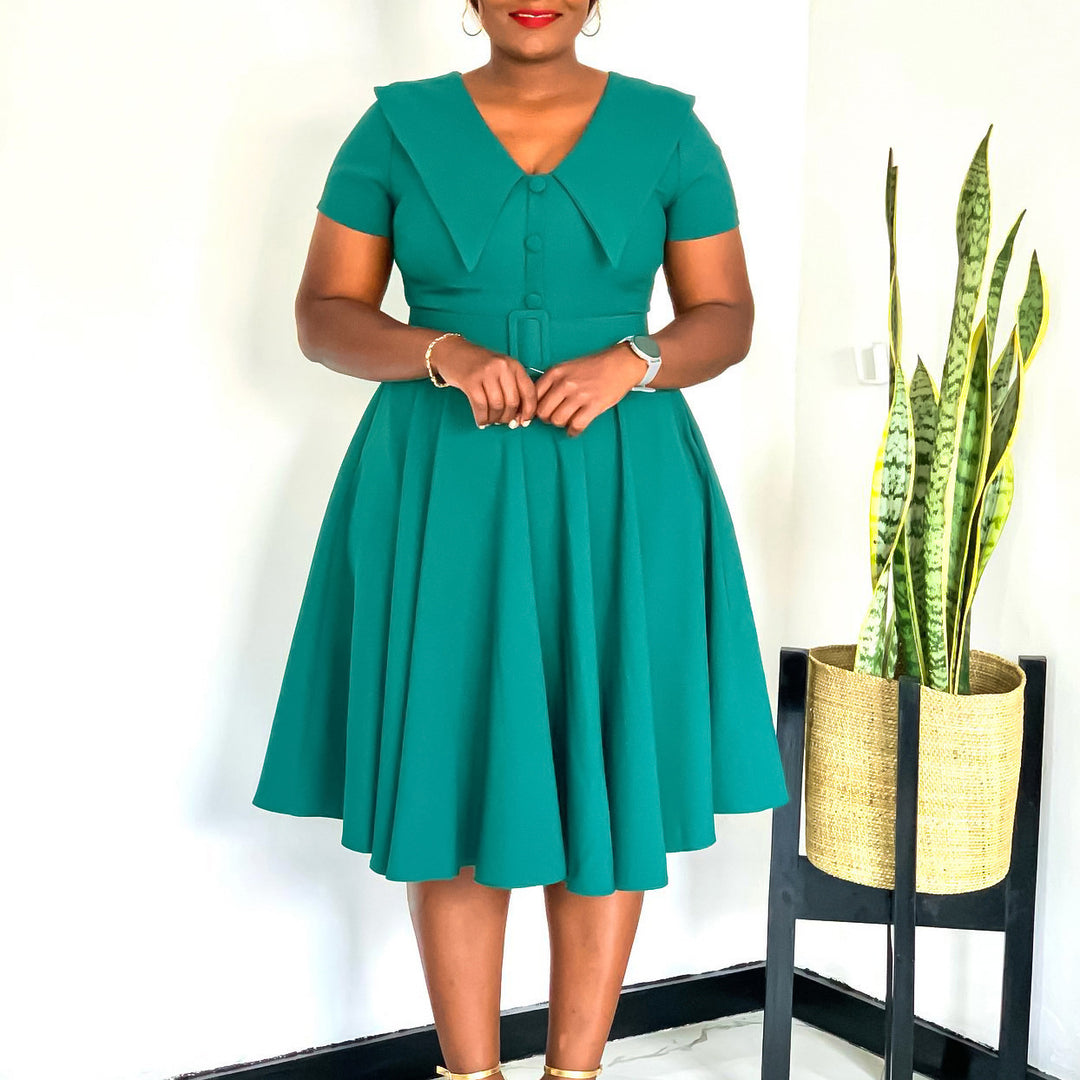 Damen A-Linien Kleid mit elegantem Kragen und Bindegürtel Drune